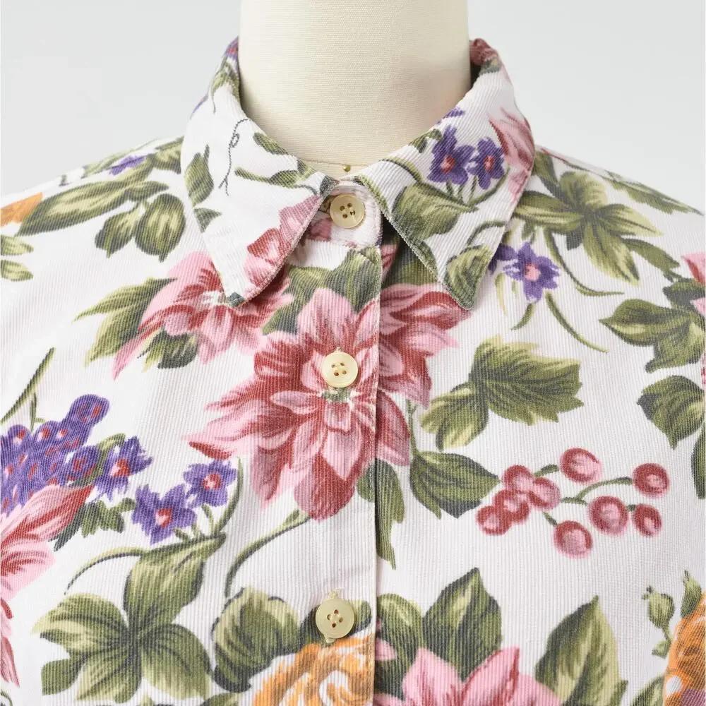 Vintage 90s Floral Grape Vine Print Shirt Cotton Corduroy Collared Blouse M - Picture 5 of 8